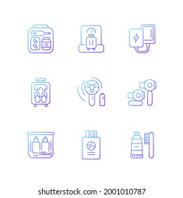 Airplane passenger travelling things gradient linear vector icons set. First aid kit. Weighing baggage. Thin line contour symbols bundle. Isolated vector outline illustrations collection