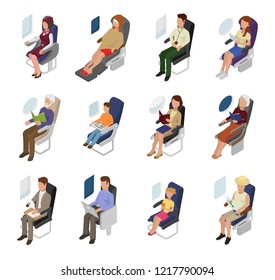 Airplane passenger vector people businessman woman character sitting in plane near window illustration flight set of person man kid on board seat travelling in aeroplane isolated on white background