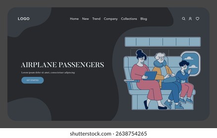Airplane Passengers concept. Adults engaged in various activities while flying, capturing the essence of air travel comfort and connectivity. Vector illustration.