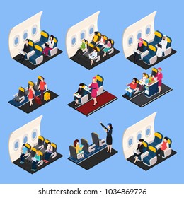 Airplane passengers and crew isometric composition set isolated vector illustration