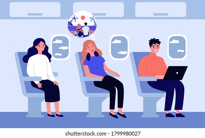 Airplane passengers during flight. People sleeping or using laptop on plane seats flat vector illustration. Travel, trip, vacation, transport concept for banner, website design or landing web page