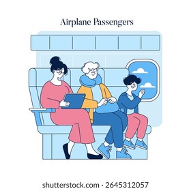 Airplane passengers enjoying their flight in a comfortable setting. A woman uses a tablet, an elderly man relaxes, and a child looks out the window, capturing travel moments and family bonding.