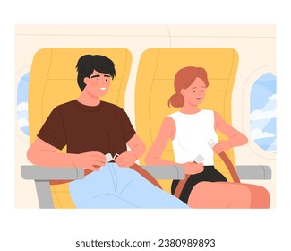 Airplane passengers fasten belt during flight. Emergency and security airplane measures vector cartoon illustration