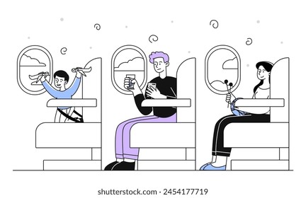 Airplane passengers inside linear. Man and woman with kid sitting at hairs. Passengers flight to foreign countries. Travelers and tourists. Doodle flat vector illustration isolated on white background