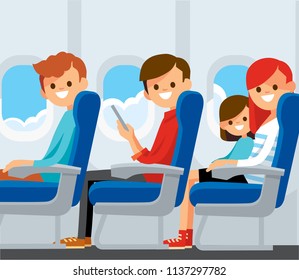 Airplane passengers on their seats. 
Mother travelling with a child.