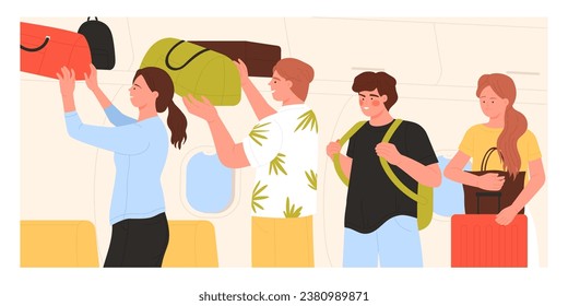Airplane passengers putting hand luggage compartment. People storing carry on bags vector cartoon illustration