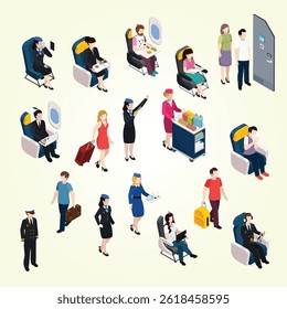 Airplane Passengers Set indoor commercial boarding people class interior using chair business economy take off