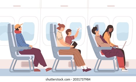 Airplane passengers sitting on chairs in plane cabin during air flight. Side view of people on seats traveling by aircraft. Flat vector illustration of aeroplane interior isolated on white background