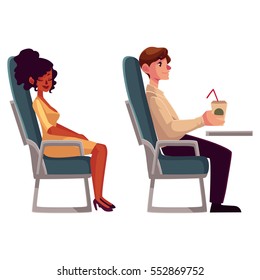 Airplane passengers - young black, african woman and man drinking coffee from paper cup, cartoon vector illustration on white background. Airplane seats occupied by man drinking and woman sleeping