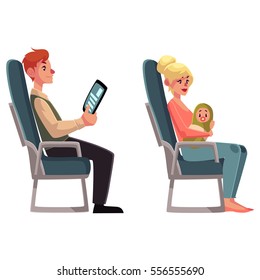 Airplane passengers - young woman with little baby and man reading from tablet, cartoon vector illustration on white background. Airplane seats occupied by man with tablet and woman holding baby