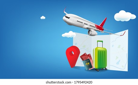 Airplane and passport isolated on background. Travel and transportation concept. Vector illustration in design.