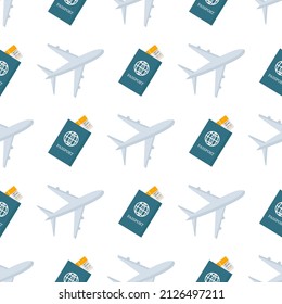 Airplane and passport pattern on white background. Vector image for use in website design