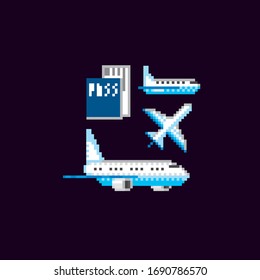 Airplane, passport, ticket. Air transport icons set. Pixel art. Old school computer graphic. Element design stickers, logo, mobile app, menu. 8 bit video game. Game assets 8-bit sprite. 16-bit.