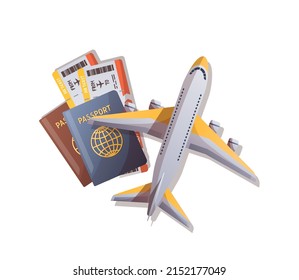 Airplane, passports and tickets. Travel, tourism, adventure, journey concept. Isolated vector illustration for banner, poster, cover, advertising.