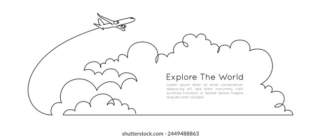 Airplane path in clouds in the sky in One Continuous line drawing. Business Concept of world travel and international flight airline in simple linear style. Editable stroke. Vector illustration