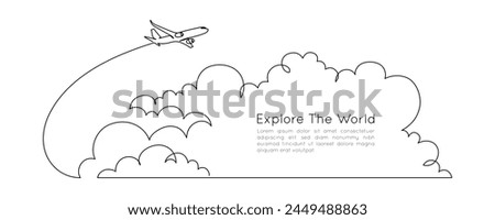 Airplane path in clouds in the sky in One Continuous line drawing. Business Concept of world travel and international flight airline in simple linear style. Editable stroke. Vector illustration