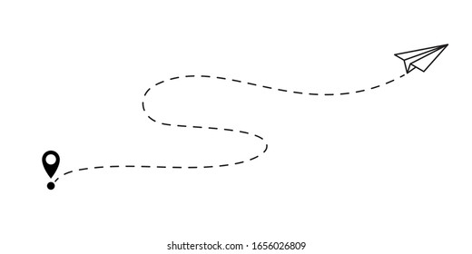 Airplane path with dashed flight route path trace. Vector paper plane with start point pin