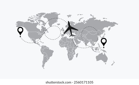 Airplane path in dashed line shape on world map. Route of plane with world map