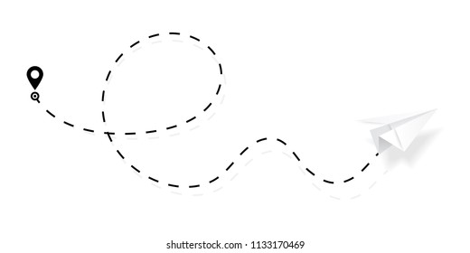 Airplane Path In Dotted, Dashed Line Shape. Route Of Paper Plane Isolated On White Background. Vector.