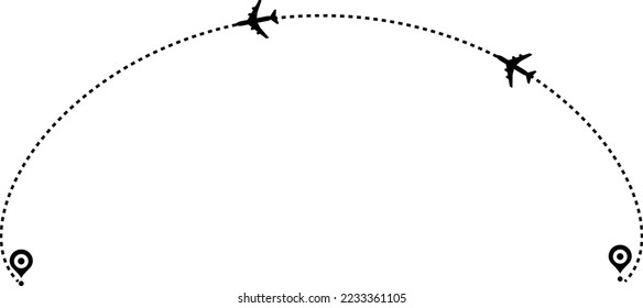 Airplane path in a dotted line. airplane and dash line trace. Romantic travel concept. Travel and tourism concept. Aircraft tracking. location pins isolated 