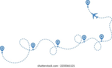 Airplane path in a dotted line. airplane and dash line trace. plane flying along the dotted path. Aircraft tracking. location pins isolated 