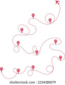 Airplane path in a dotted line. airplane and dash line trace. plane flying along the dotted path. Aircraft tracking. location pins isolated 