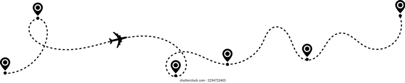 Airplane path in a dotted line. airplane and dash line trace. plane flying along the dotted path. Aircraft tracking. location pins isolated 