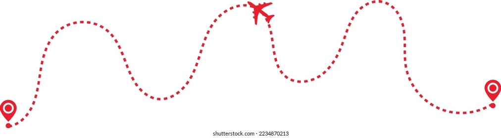 Airplane path in a dotted line. airplane and dash line trace. plane flying along the dotted path. Aircraft tracking. location pins isolated 