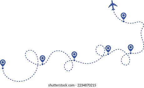 Airplane path in a dotted line. airplane and dash line trace. plane flying along the dotted path. Aircraft tracking. location pins isolated 