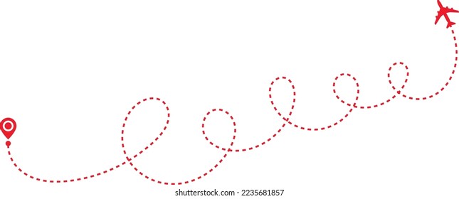 Airplane path in a dotted line. airplane and dash line trace. plane flying along the dotted path. Aircraft tracking. location pins isolated 