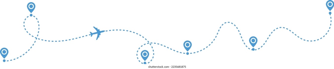 Airplane path in a dotted line. airplane and dash line trace. plane flying along the dotted path. Aircraft tracking. location pins isolated 