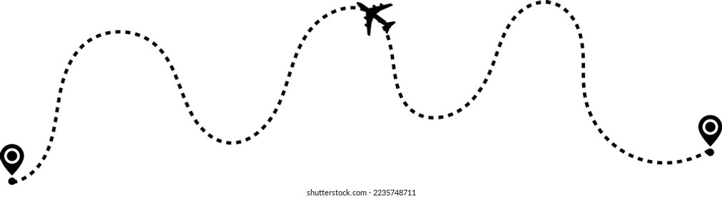 Airplane path in a dotted line. airplane and dash line trace. plane flying along the dotted path. Aircraft tracking. location pins isolated 