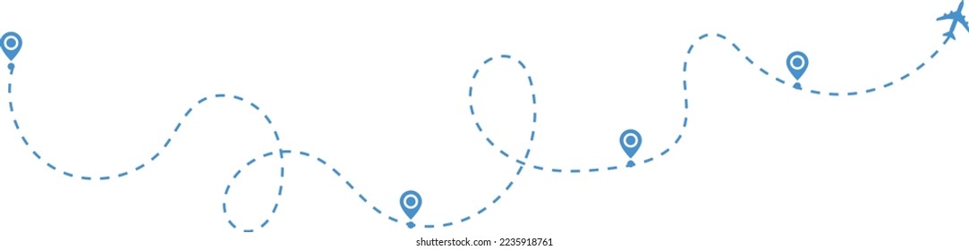 Airplane path in a dotted line. airplane and dash line trace. plane flying along the dotted path. Aircraft tracking. location pins isolated  svg