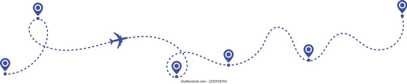 Airplane path in a dotted line. airplane and dash line trace. plane flying along the dotted path. Aircraft tracking. location pins isolated 