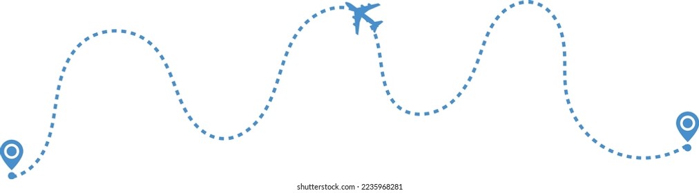 Airplane path in a dotted line. airplane and dash line trace. plane flying along the dotted path. Aircraft tracking. location pins isolated 