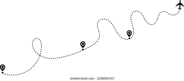 Airplane path in a dotted line. airplane and dash line trace. plane flying along the dotted path. Aircraft tracking. location pins isolated 