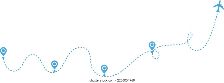 Airplane path in a dotted line. airplane and dash line trace. plane flying along the dotted path. Aircraft tracking. location pins isolated 