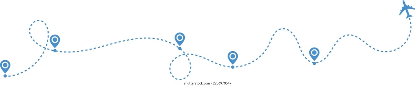 Airplane path in a dotted line. airplane and dash line trace. plane flying along the dotted path. Aircraft tracking. location pins isolated 