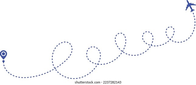 Airplane path in a dotted line. airplane and dash line trace. plane flying along the dotted path. Aircraft tracking. location pins isolated 