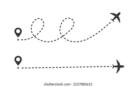 Airplane path in dotted line shape. Straight and wavy way. Travel and tourism concept