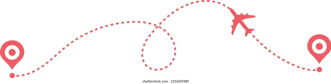 Airplane path in a dotted line shape. Airplane line routes set. Aircraft tracking. location pins isolated on white background