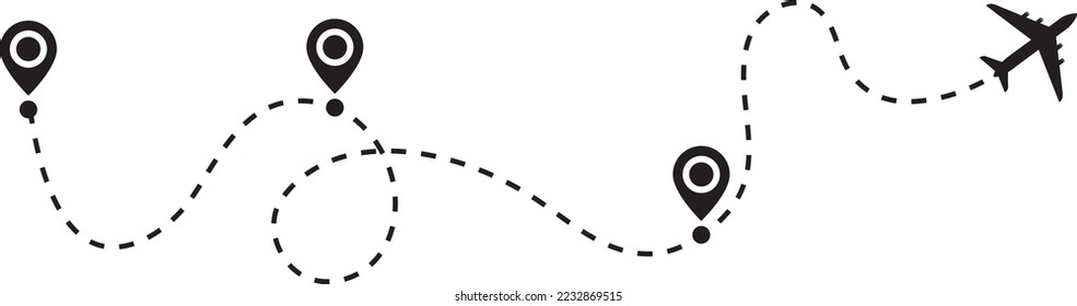 Airplane path in a dotted line shape. Airplane line routes set. Aircraft tracking. location pins isolated on white background