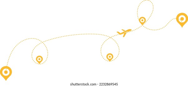 Airplane path in a dotted line shape. Airplane line routes set. Aircraft tracking. location pins isolated on white background