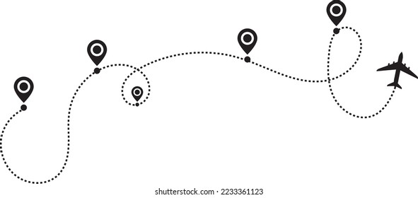 Airplane path in a dotted line shape. Airplane line routes set. Aircraft tracking. location pins isolated on white background