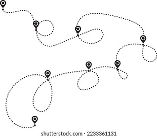 Ruta del avión en forma de línea de puntos. signo del puntero del marcador de mapa de anclaje. Icono de viaje de la ruta de la línea del avión. Seguimiento de aeronaves, línea de puntos de viaje de aviones