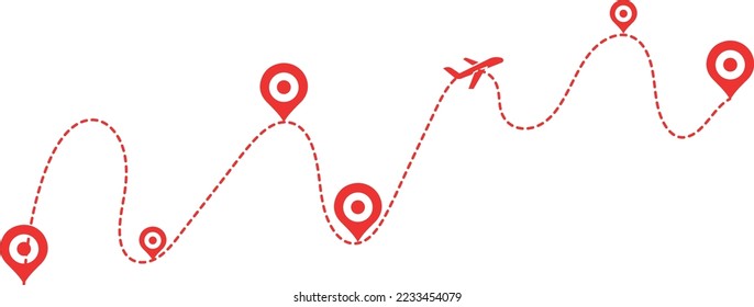 Airplane path in a dotted line shape. pin map marker pointer sign. Airplane line path travel icon. Aircraft tracking, planes travel dot line