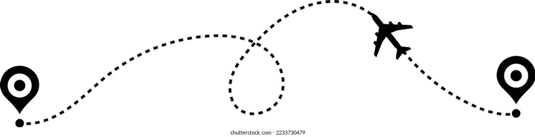 Airplane path in a dotted line shape. Airplane line routes set. Aircraft tracking. location pins isolated on white background