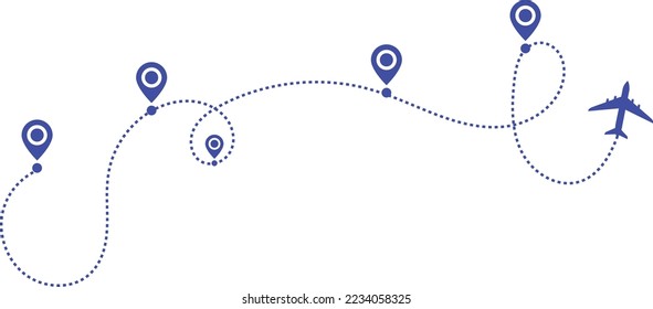 Airplane path in a dotted line shape. pin map marker pointer sign. Airplane line path travel icon. Aircraft tracking, planes travel dot line