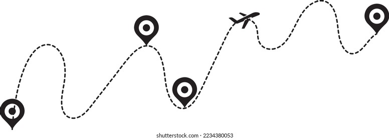 Airplane path in a dotted line shape. pin map marker pointer sign. Airplane line path travel icon. Aircraft tracking, planes travel dot line