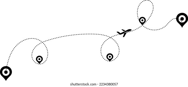 Ruta del avión en forma de línea de puntos. Líneas de la línea del avión establecidas. Seguimiento de aeronaves. alfileres de ubicación aislados en fondo blanco